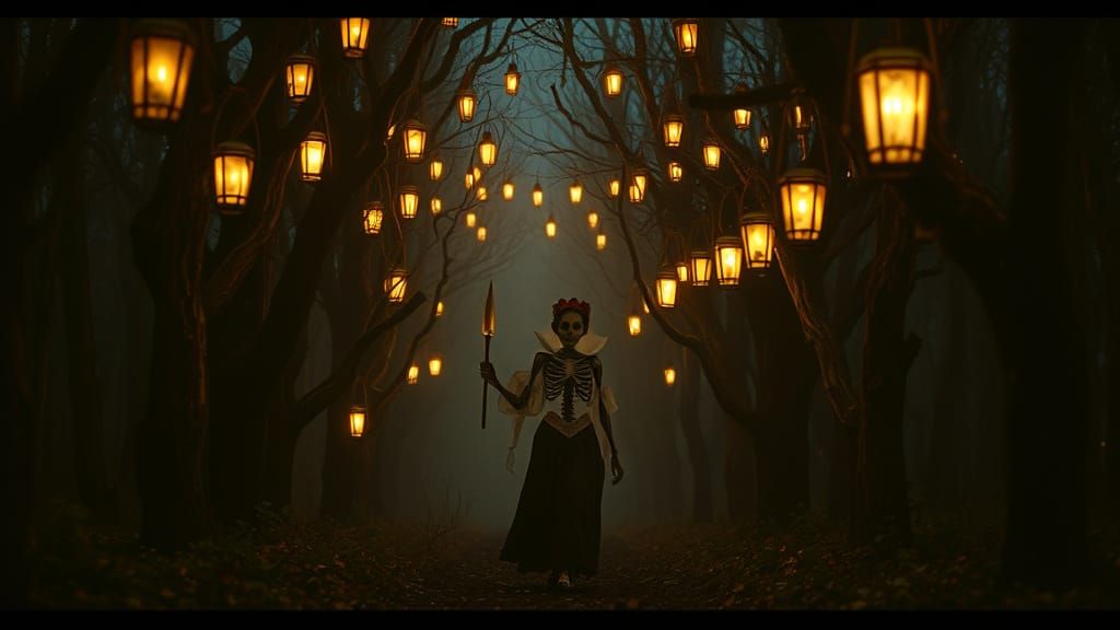 Skeletal Snow White in Lantern Lit Eerie Forest