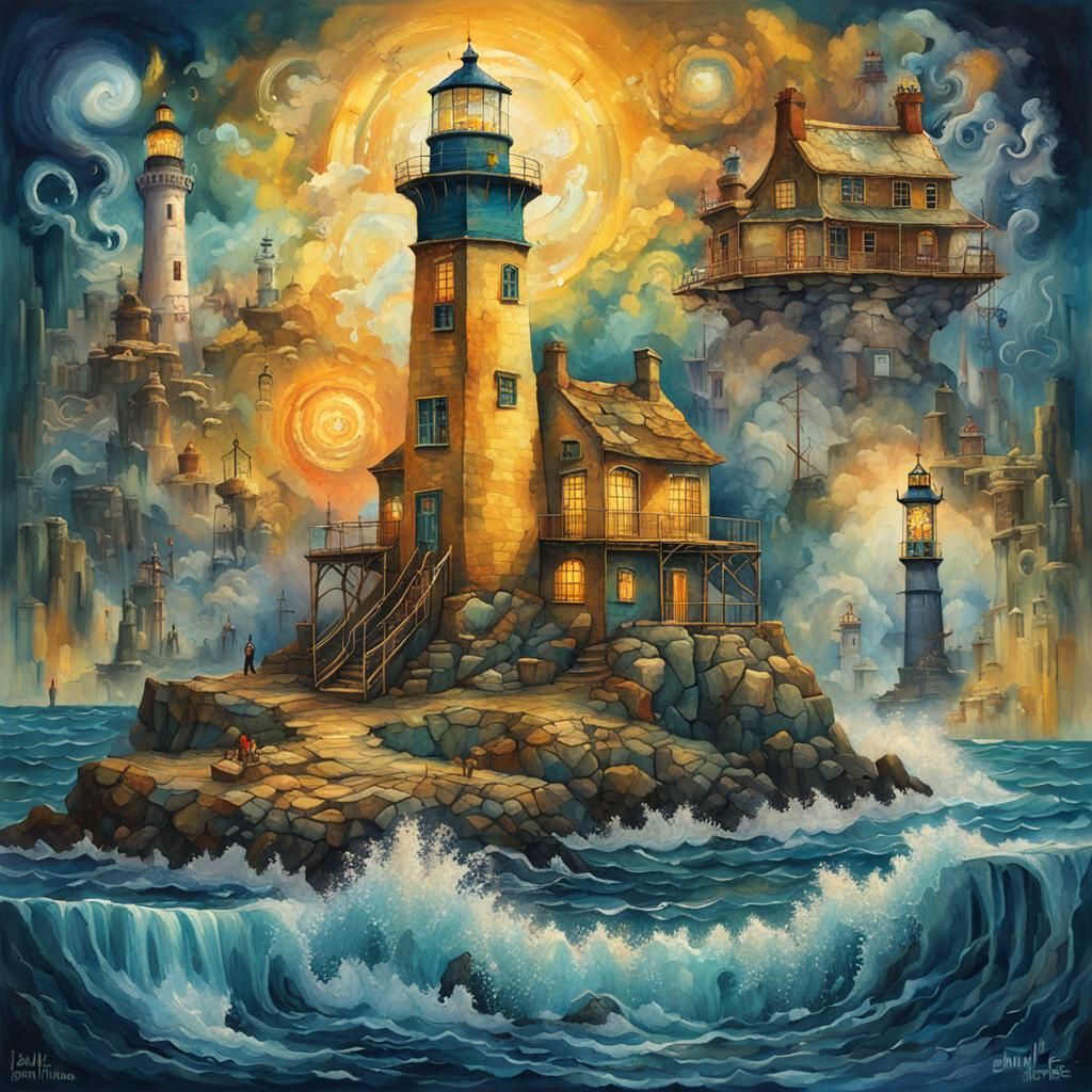 Lighthouse Surrounded by Water in Fantasy Realism