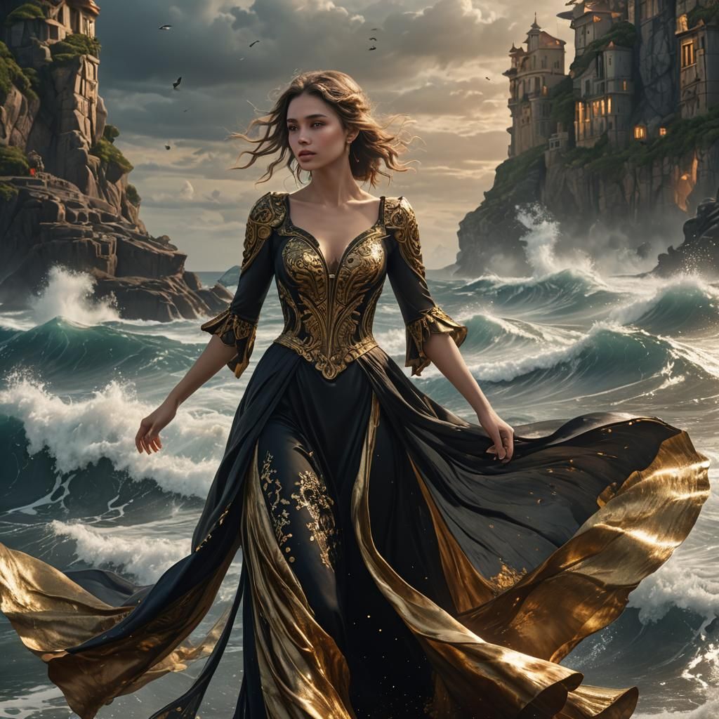 Beautiful Woman in Black and Gold Dress by Sea