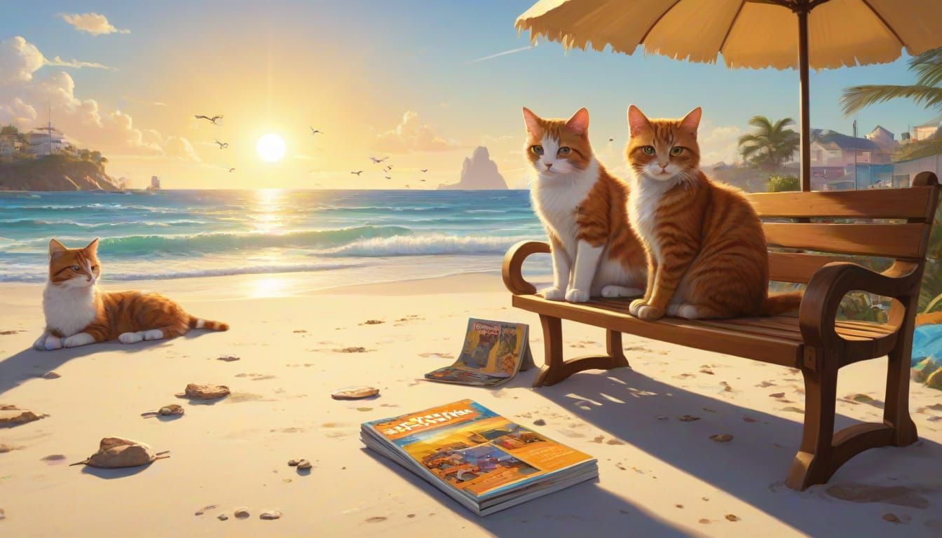 Vibrant Beach Scene with Cats and Comic Bench