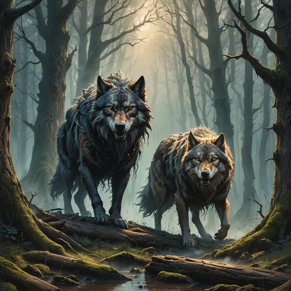 Eerie Eldritch Wolf in Misty Viking Wood