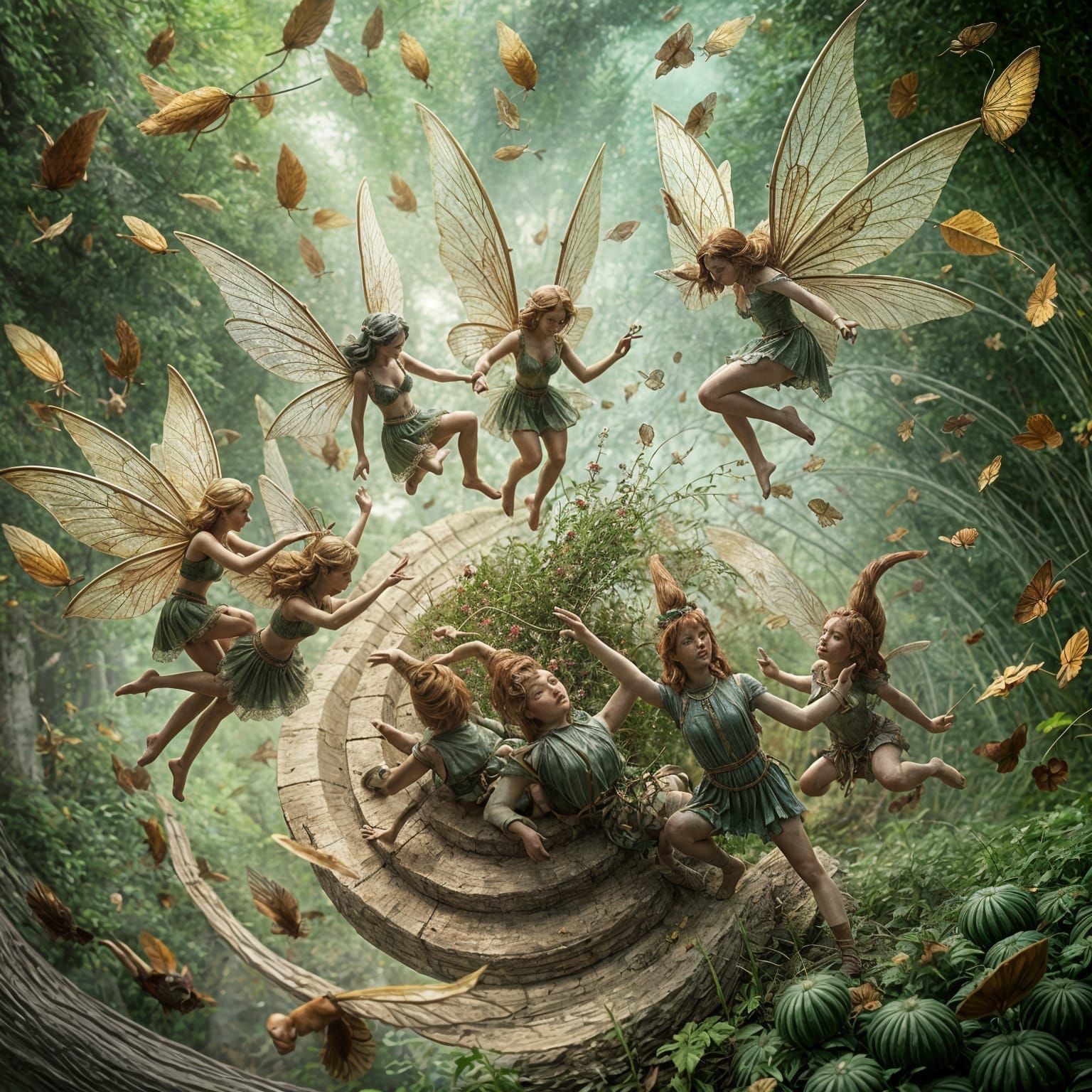 Fairy Gnome Conflict in Midair: Surreal Photorealism