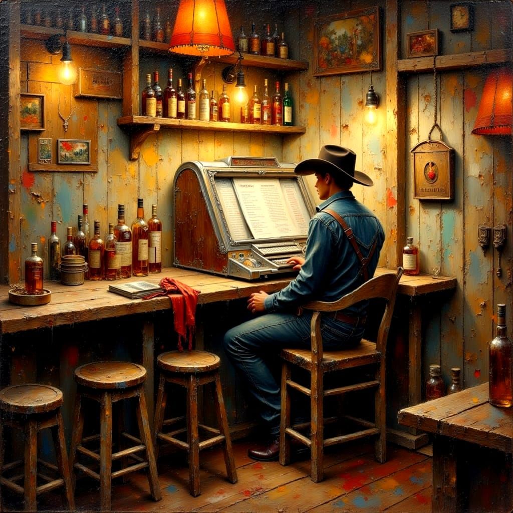 Jukebox in Bar, Impasto Oil Painting Style