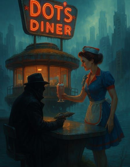 Atompunk Waitress in Crumbling City Diner