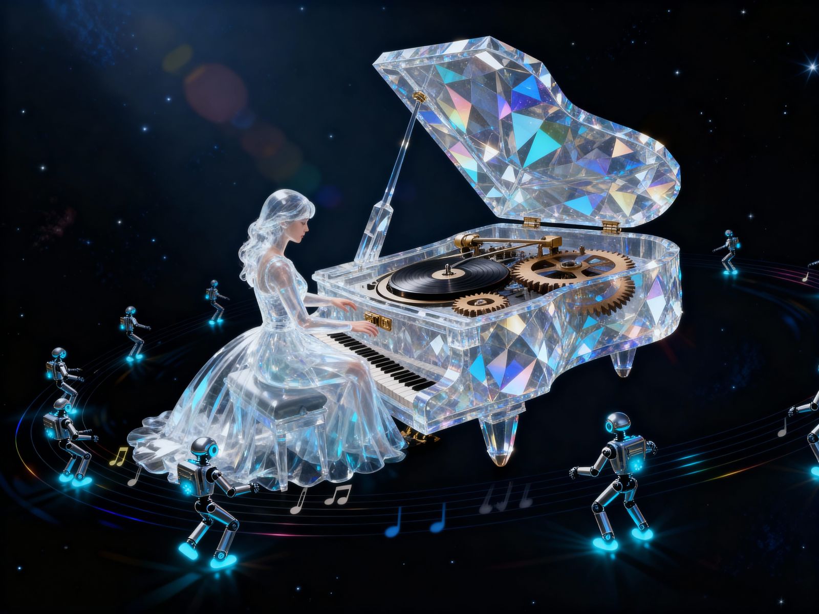 Giant Crystal Music Box in Space with Dancing Robots