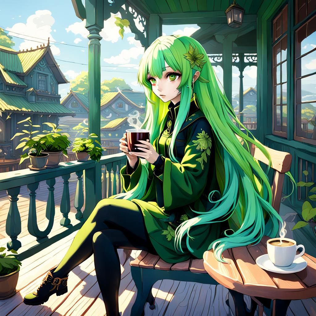 Anime Girl Sipping Coffee, Detailed Matte Painting