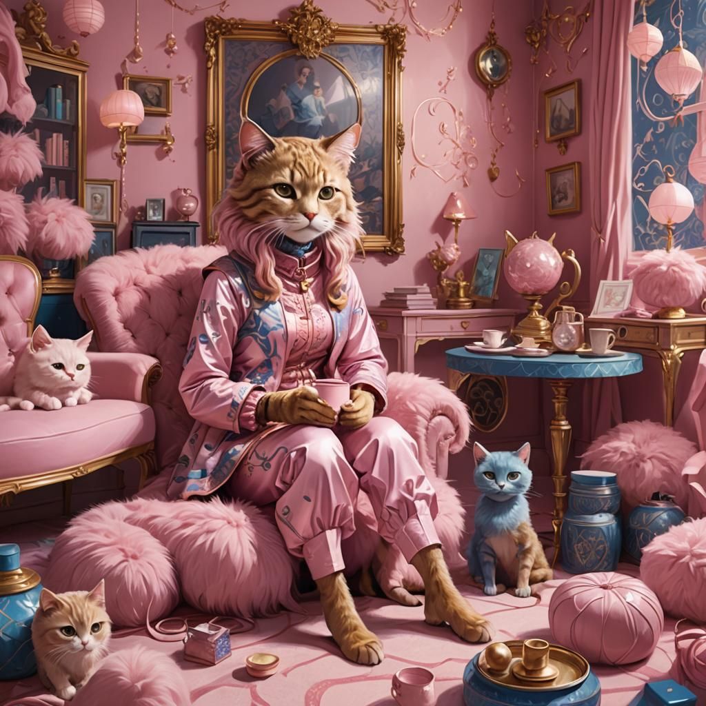 Anime Cat Girl in Pink Room: Hyper-Realistic Art