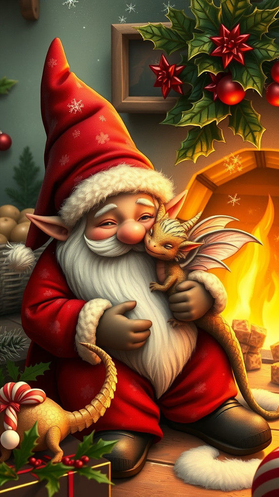 Festive Santa Gnome with Baby Dragons by Firelight