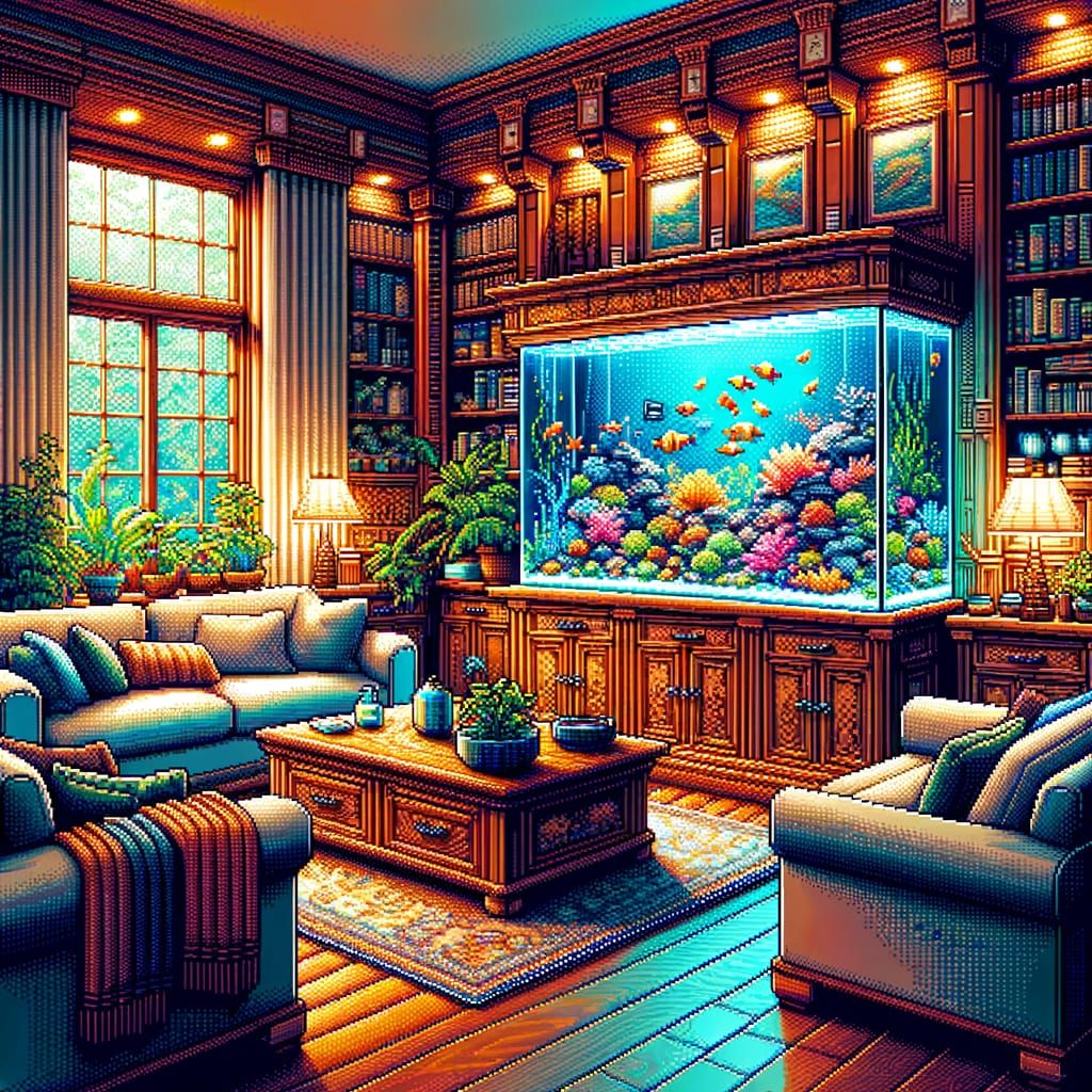 Cozy Living Room with Aquarium in 8-bit Pixel Art