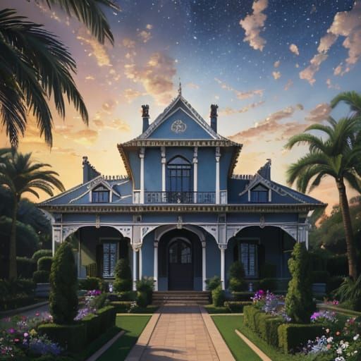Exotic Villa in a Garden at Twilight as Digital Art