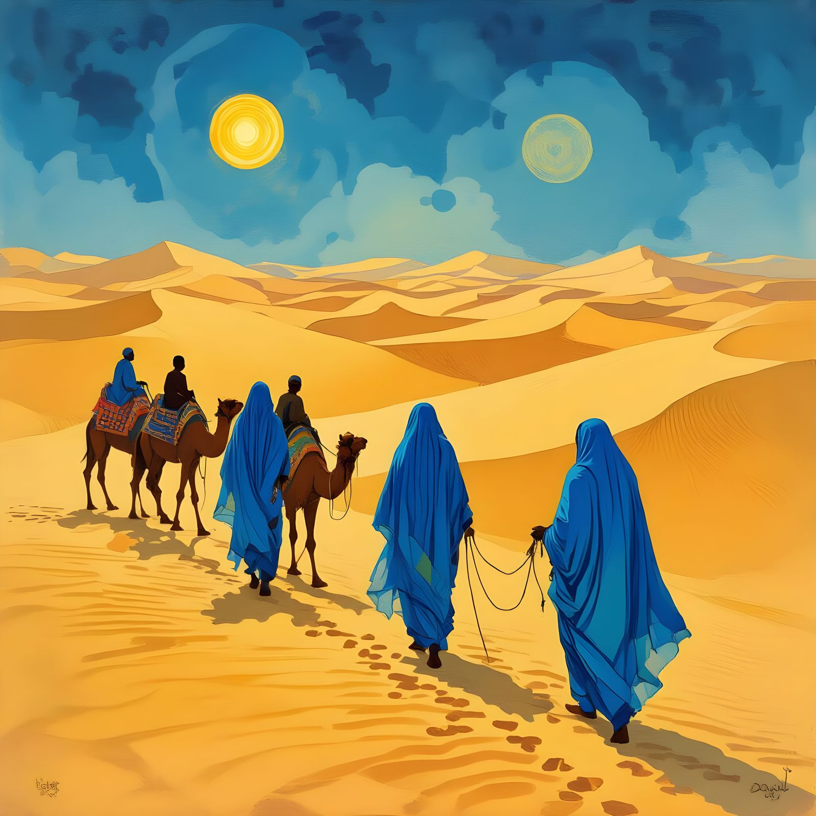 Tuareg Nomads Traverse Golden Sands in Surreal Style