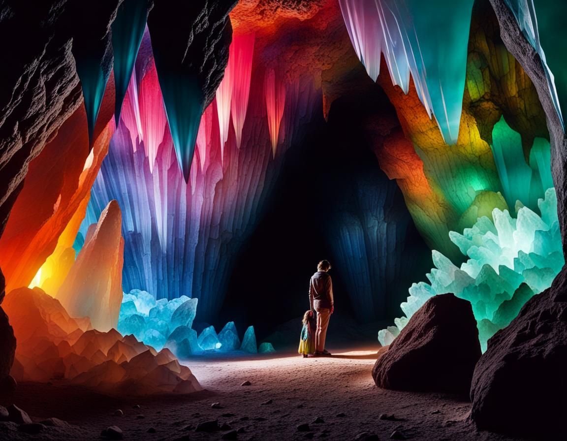 Colorful Translucent Crystals in Dark Cave