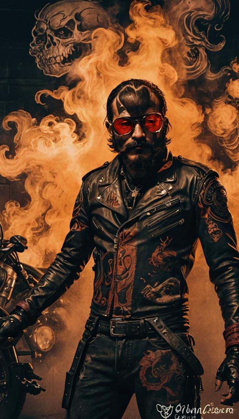 Rugged Biker in Gritty Film Noir Style