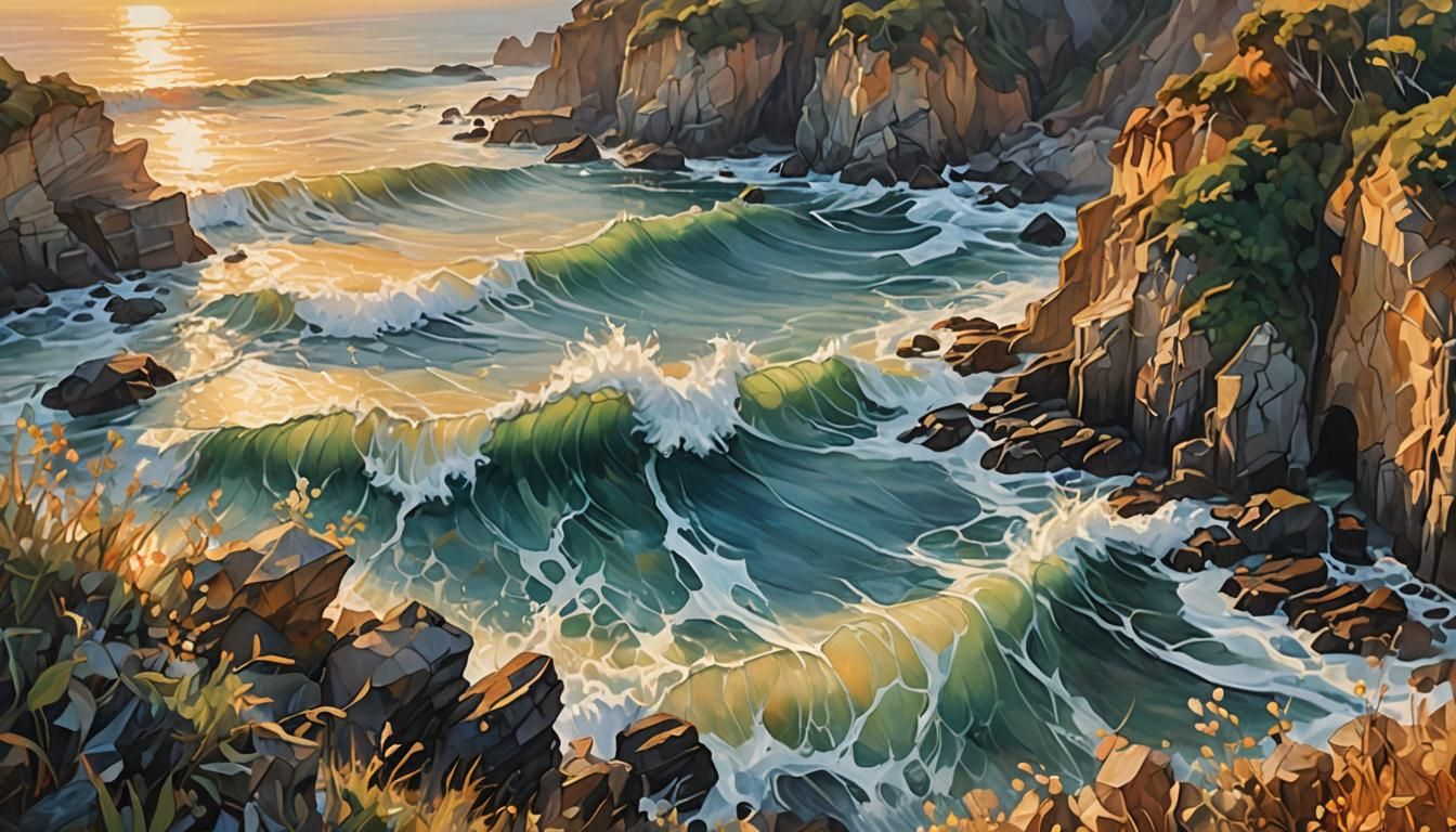 Surrealist Double Exposure: Waves and Cliffs in Dreamlike Oi...