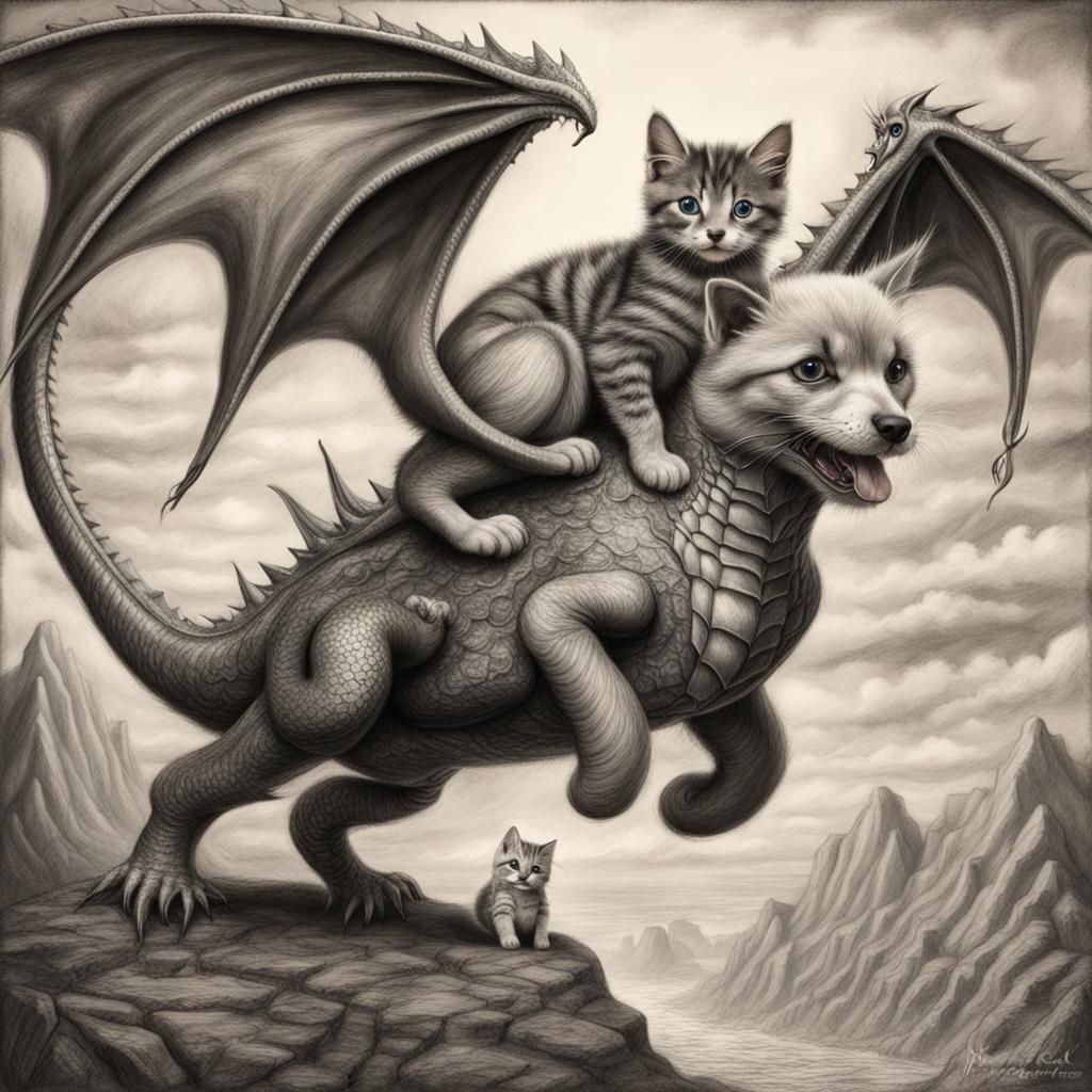 Kitten and Puppy Dragon Ride: Detailed Charcoal Art