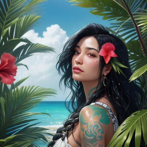 Hawaiian Woman with Hibiscus in Art Nouveau Style