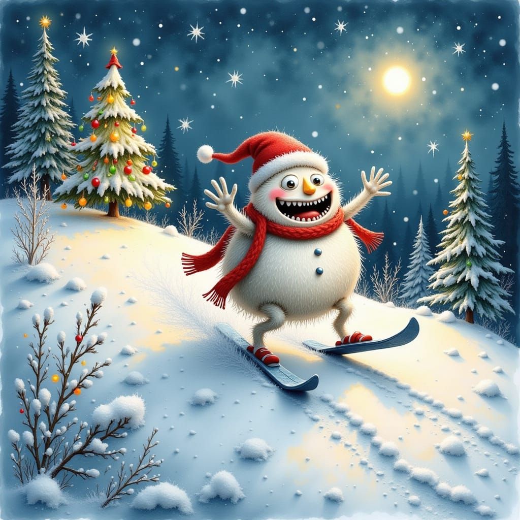 Friendly Monster Skis Down Snowy Hill in Christmas Twilight