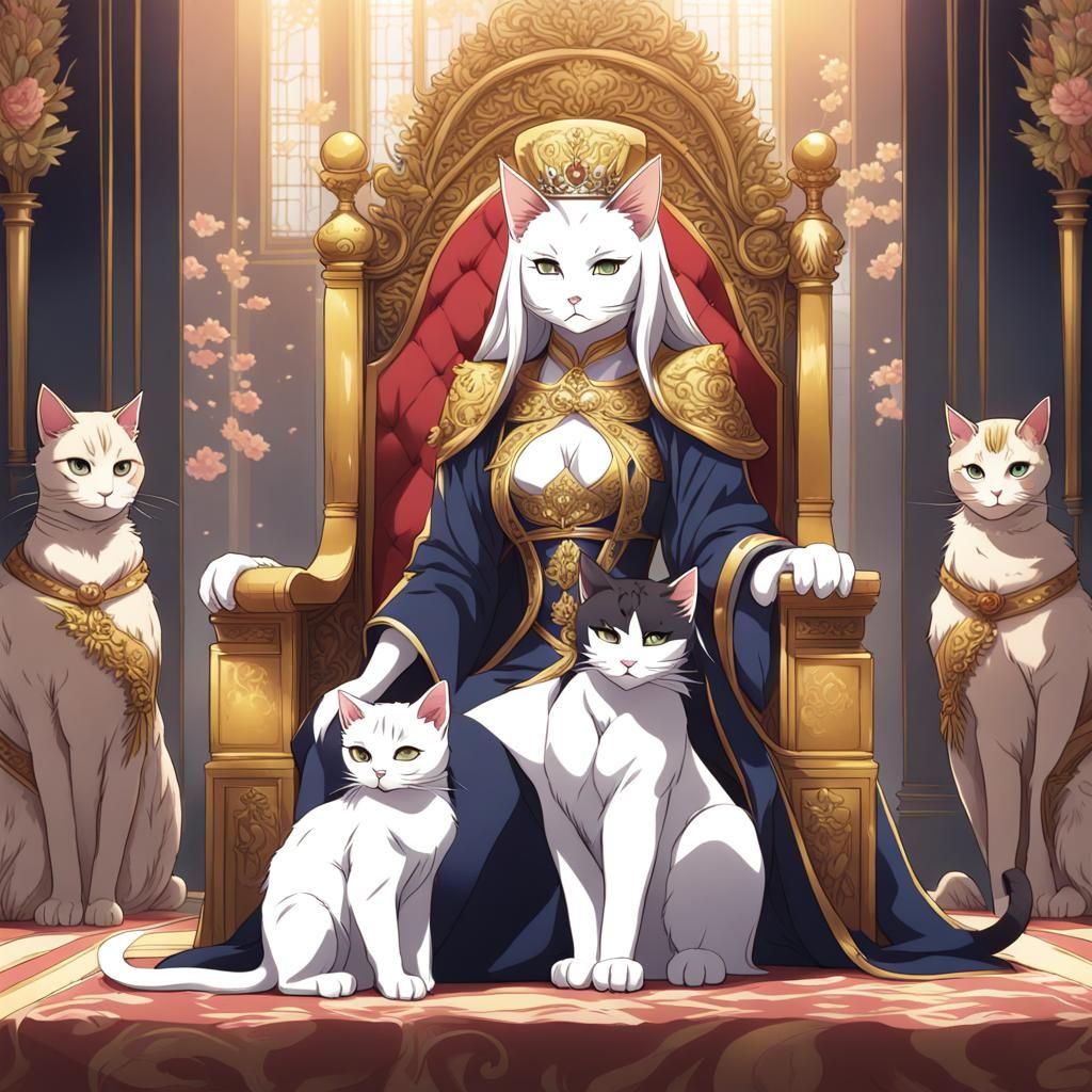 Anime-Style Cat Queen on Throne