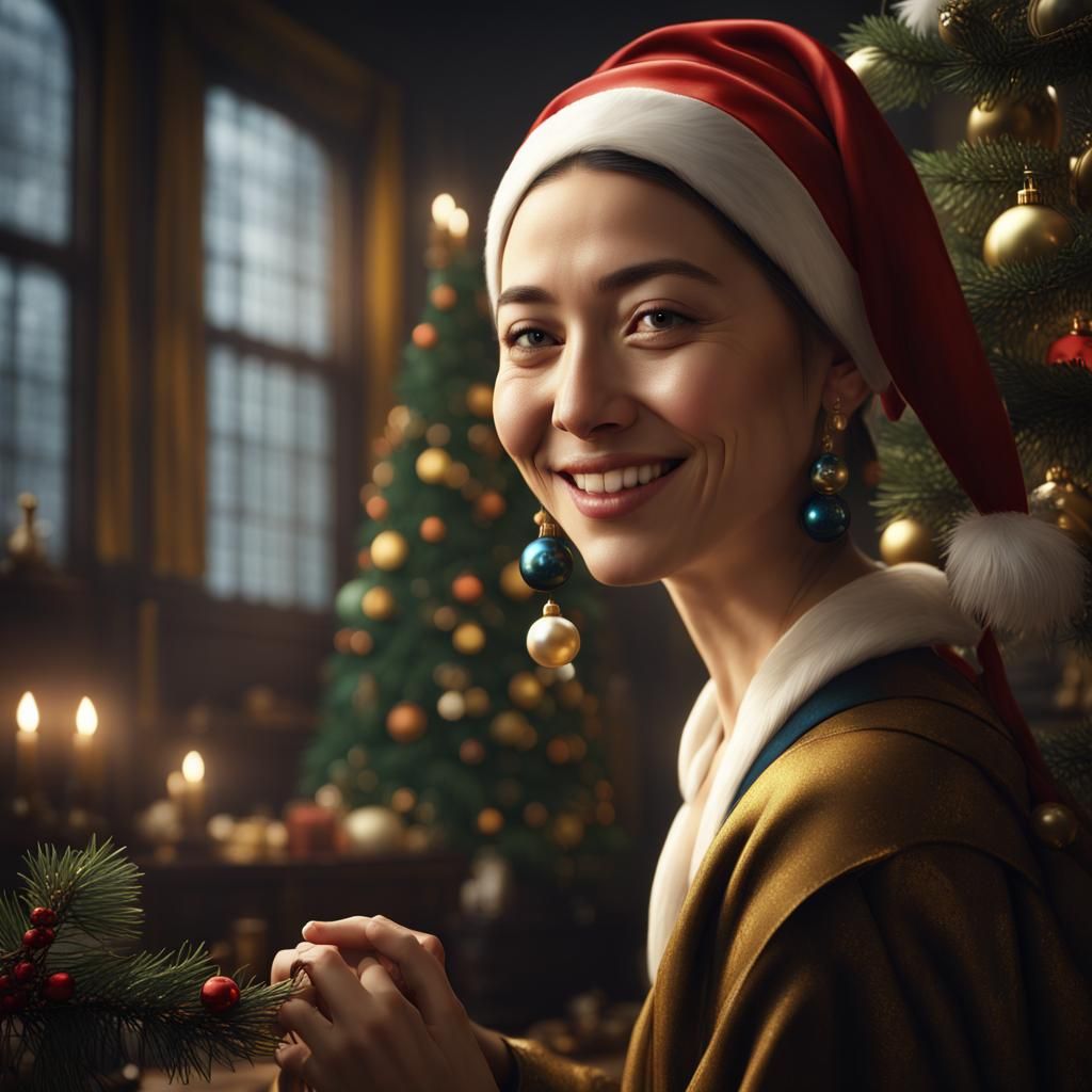Taiwanese Woman in Vermeer Style with Christmas Tree