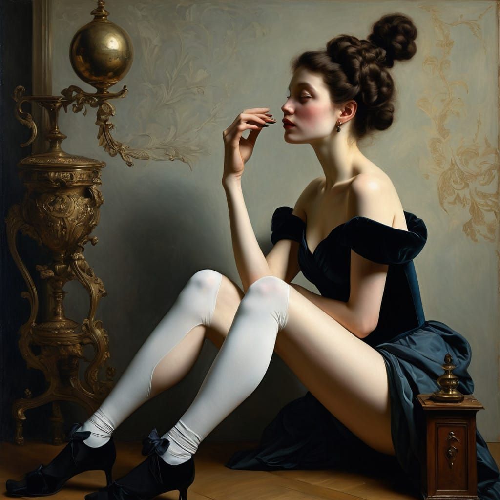 Elegant Woman in Dark Velvet Evening Gown as Old Master-Insp...