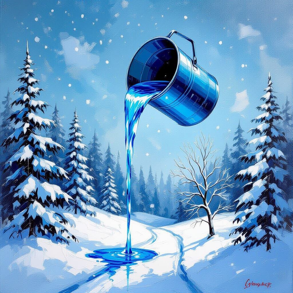 Blue Bucket Pouring Liquid in Winter Forest