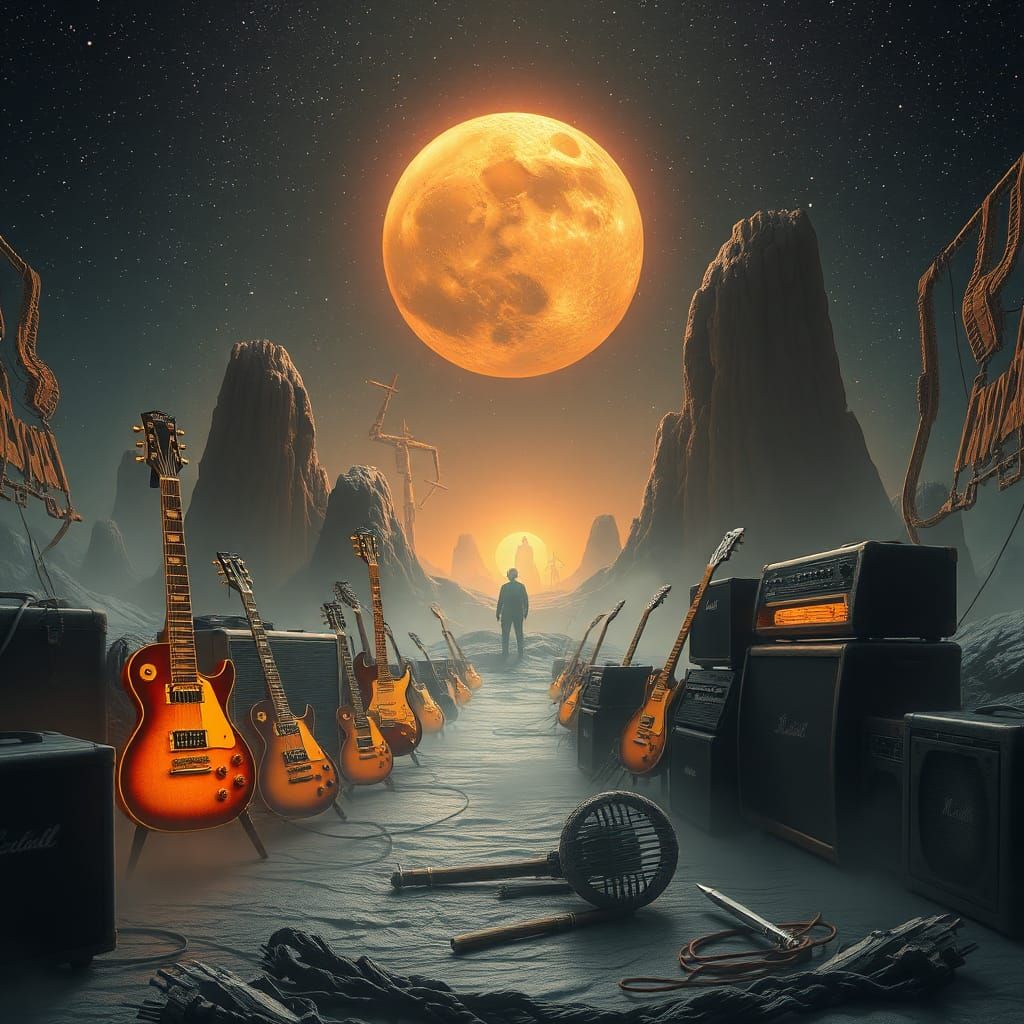 Mythical Realm of Rock Legends in Retro-Futuristic Style