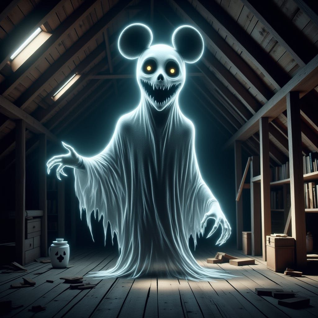 Cartoon Ghost in Surrealist Abandoned Mansion