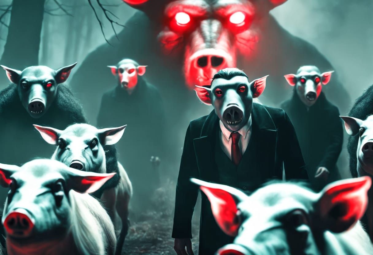 Satan Surrounded by Pigs in Charcoal Drawing