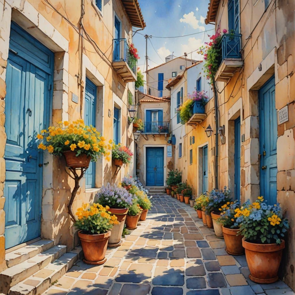 Traditional Greek Street Scene in Dreamy Watercolor