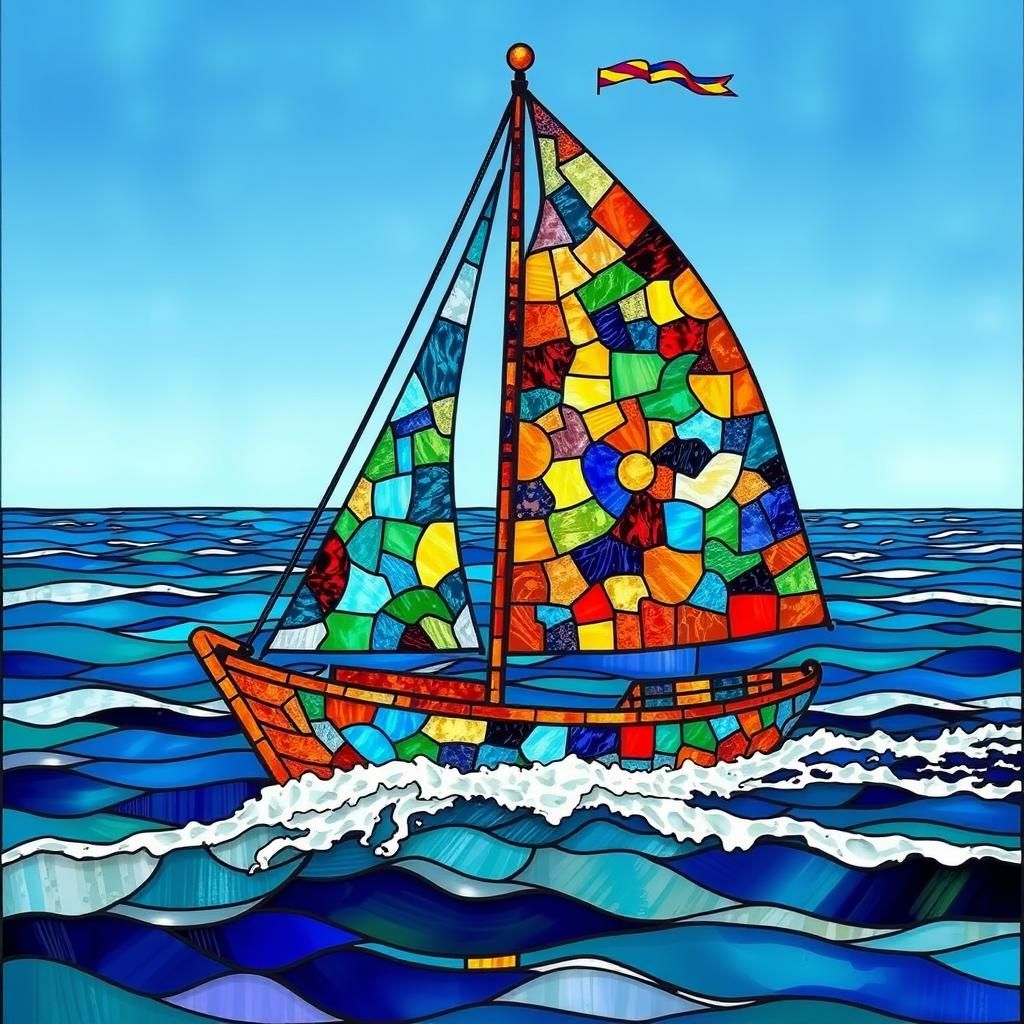 Stained Glass Sailboat on Open Ocean