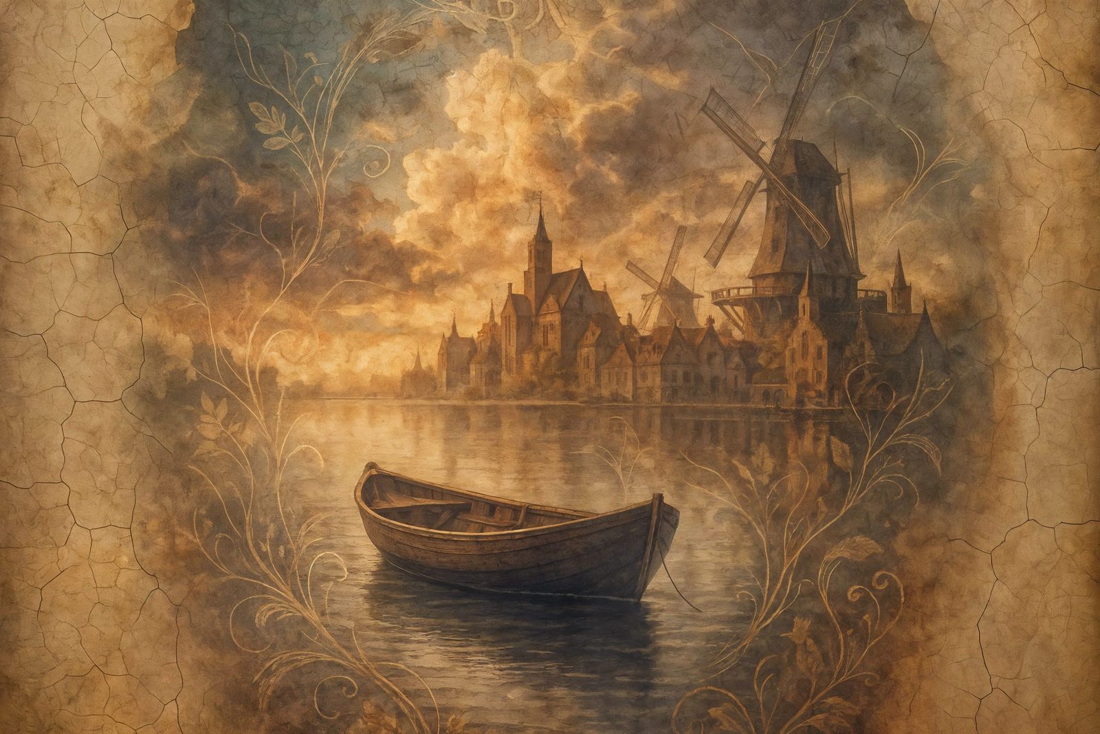 Summer's End Port as Digital Painting on Cracked Paper