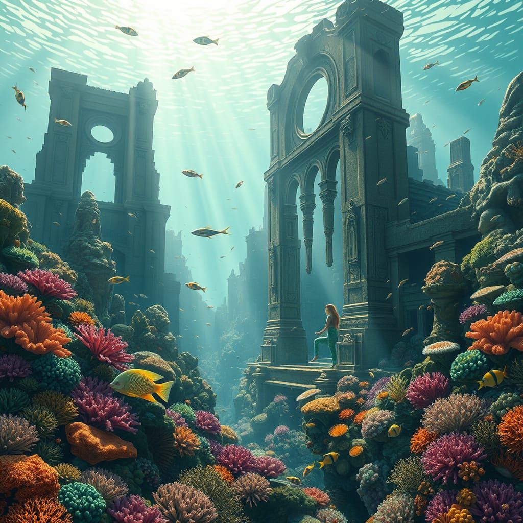 Beneath the Waves: Sunken City in Art Nouveau Style