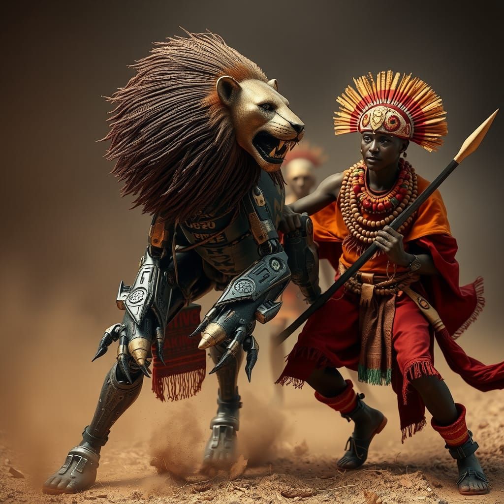 Afrofuturistic Masai Warriors Battle Cyborg Lion
