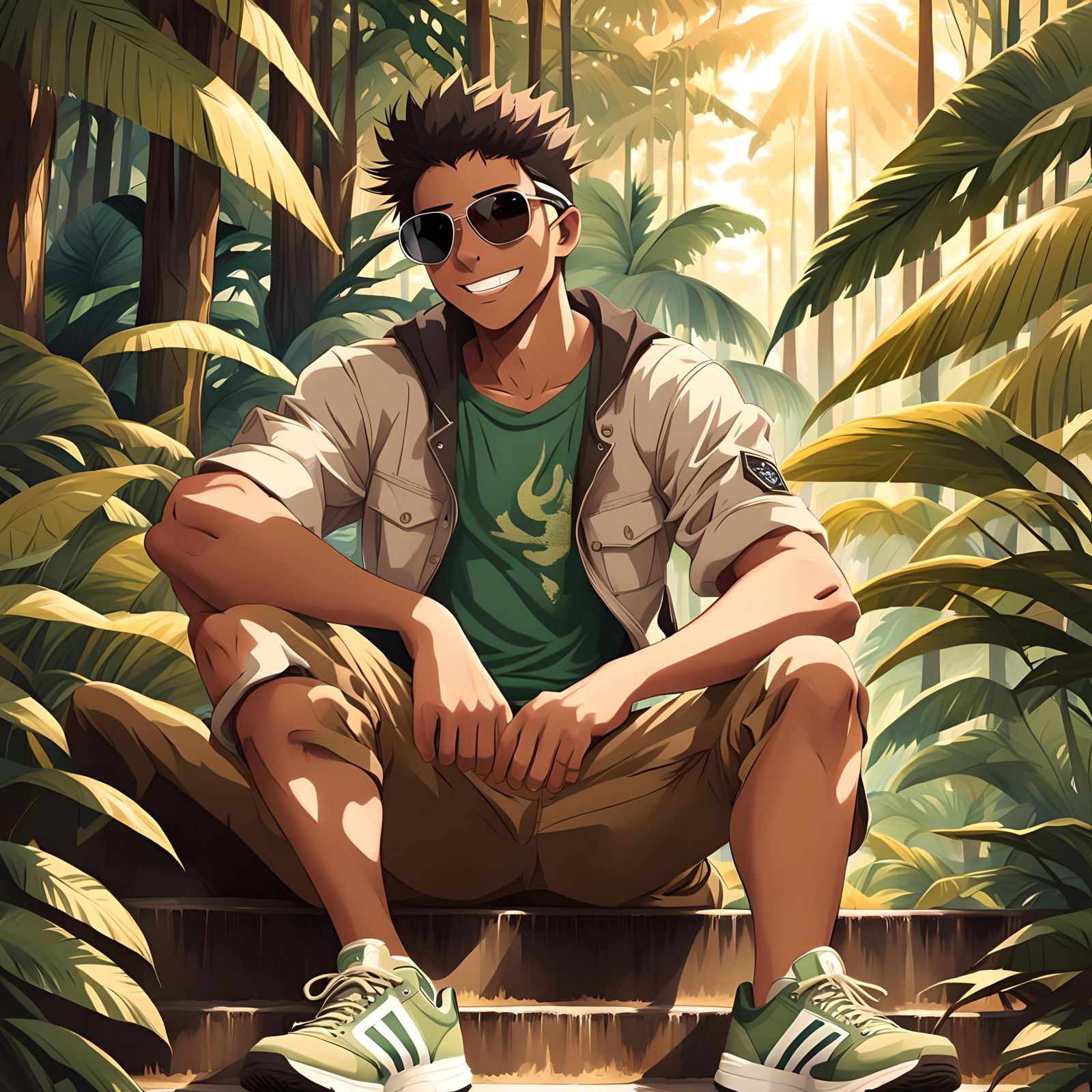 Anime Boy in Rainforest: Semi-Toned Tropical Scene
