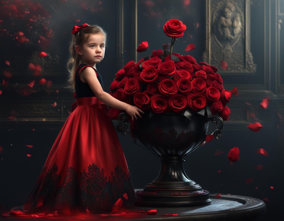 Toddler Appreciates Red and Black Roses