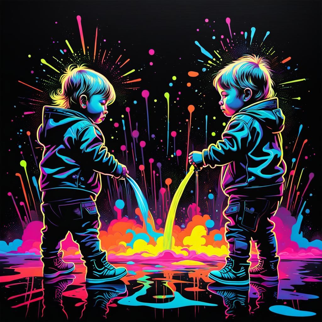 2 toddlers in neon fluorescent black light paint.