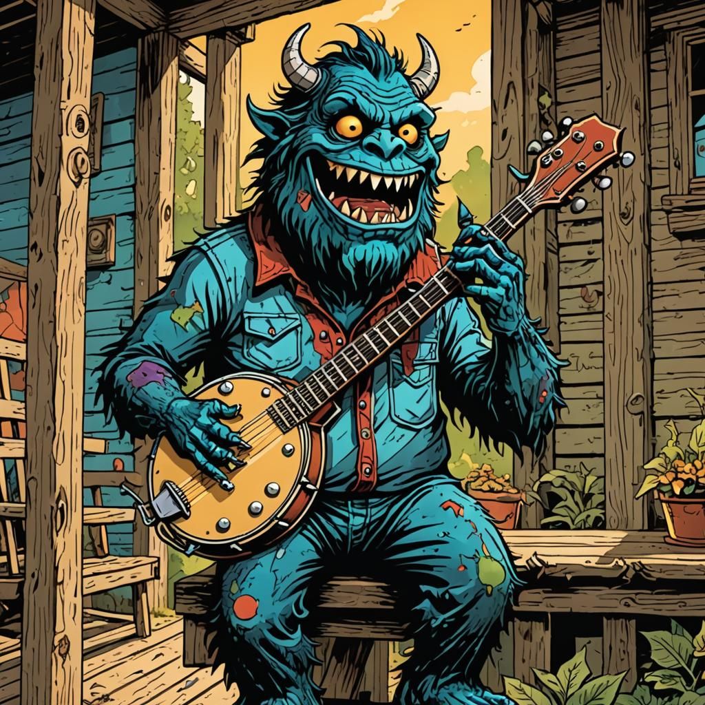 Cartoon Monster Plays Banjo, Comic Book Style