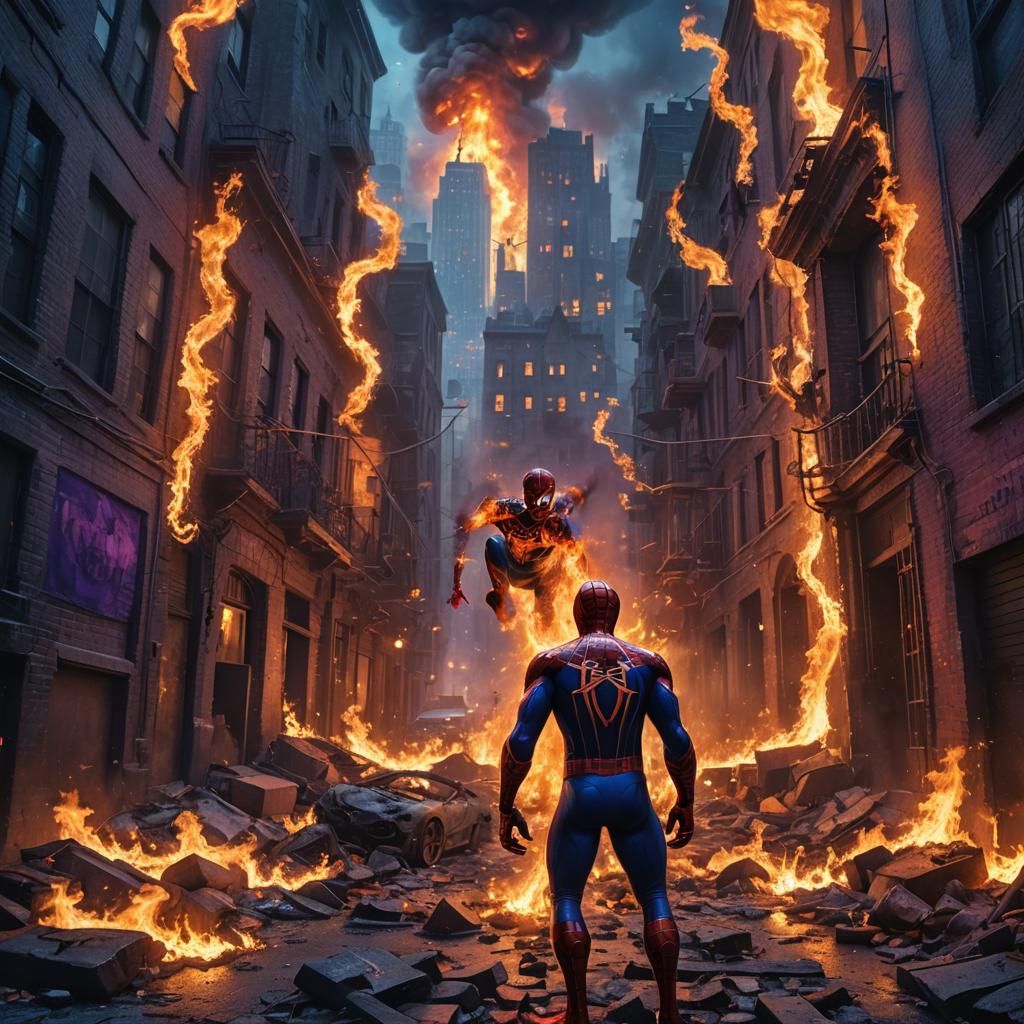 Flaming Toy Spiderman in Gothic Alley: Fantasy Art