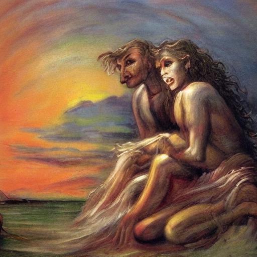 Vampire and Demon Build Sandcastle: Naive Art Style