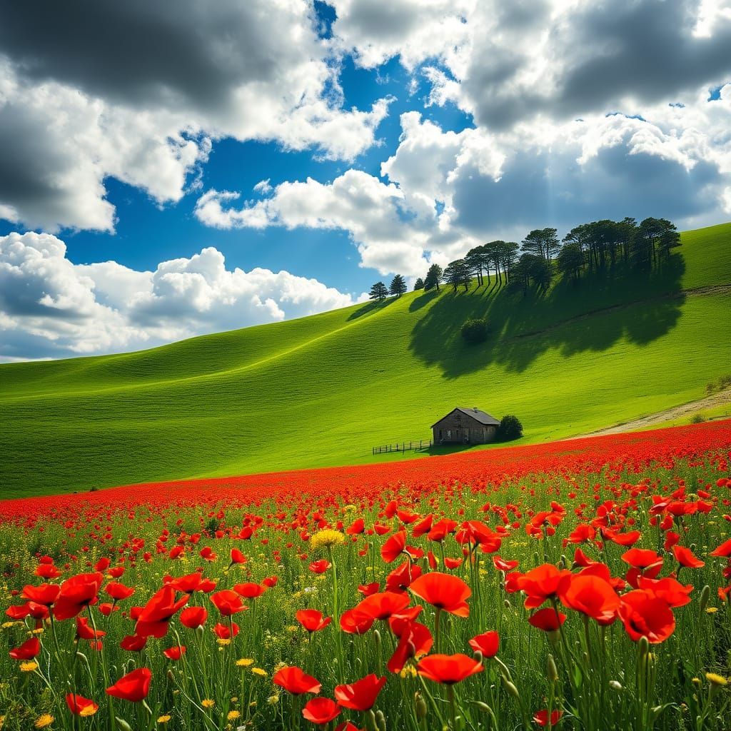 a landscape of rolling green hills under a dramatic sky. A vibrant field of red poppies