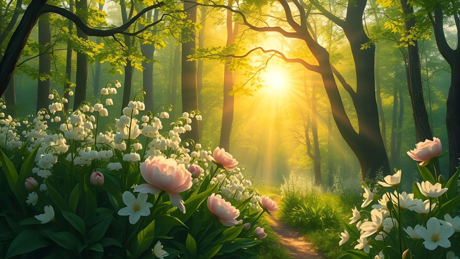 Lush Spring Forest with Sunrays, Ethereal Fantasy Art