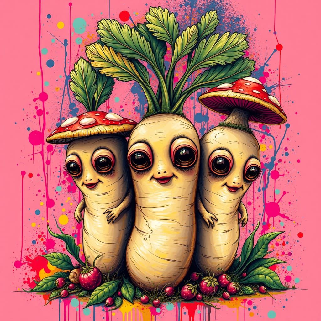 Enigmatic Parsnip Totoro Creatures with Mushroom Features