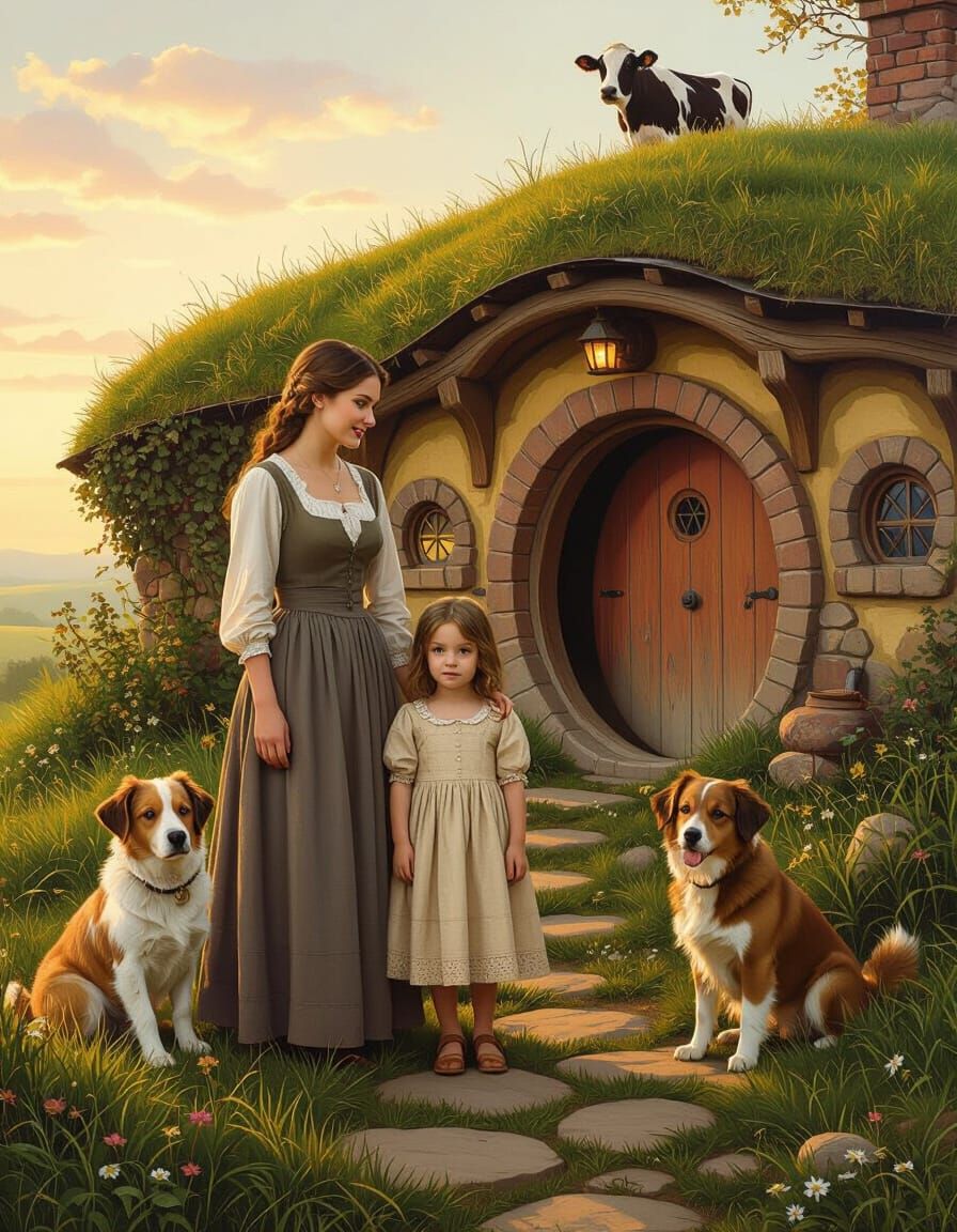1878 Hobbit Home Scene with Woman, Children, and Dog