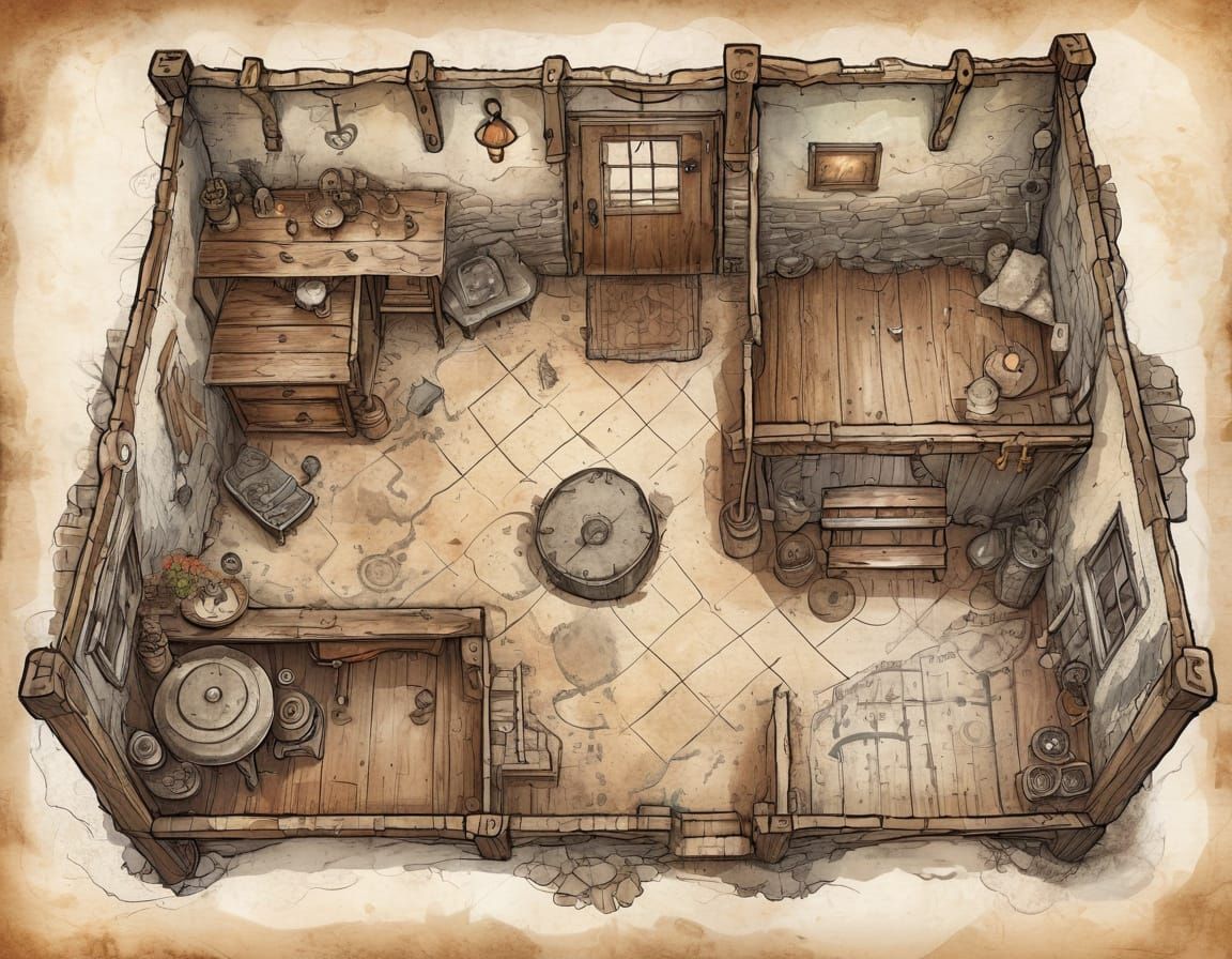 Vintage Shepherd Shack Interior RPG Map Illustration