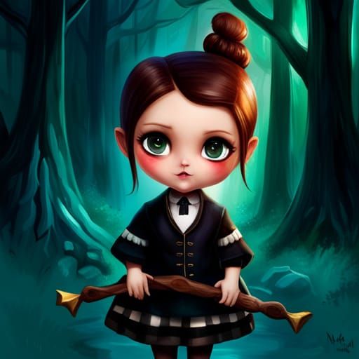 Adorable Chibi Wednesday Addams in Polychromatic Splash Art
