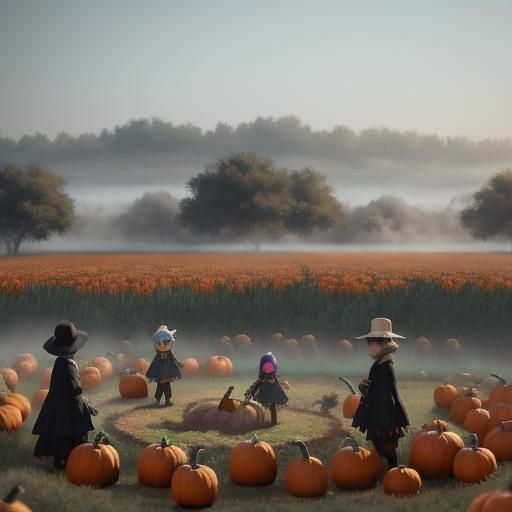 Ethereal Pumpkin Patch Scene in Anime Style