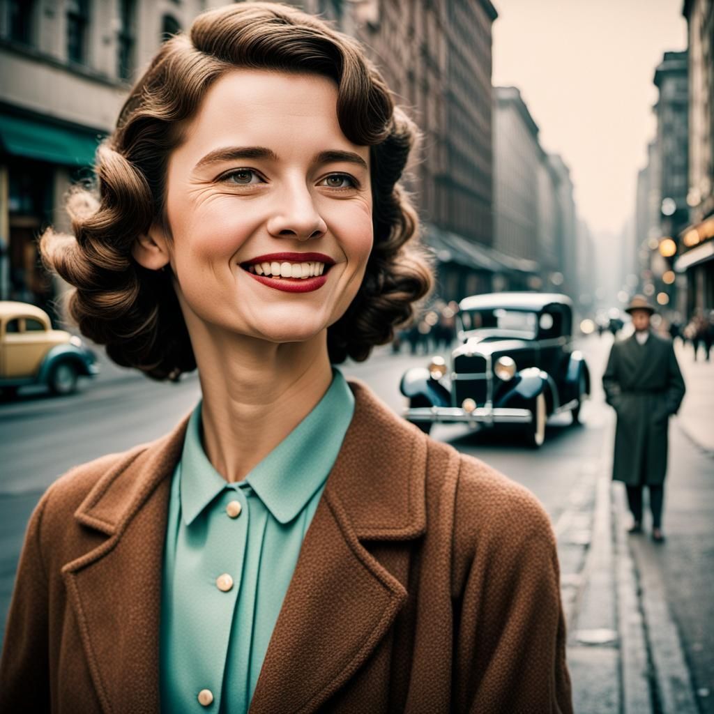 Smiling Woman on 1930s Street: Cinematic Film Still