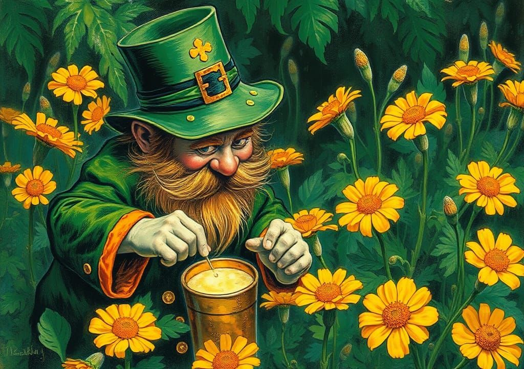 Leprechaun Picking Marigolds in Klimt Style