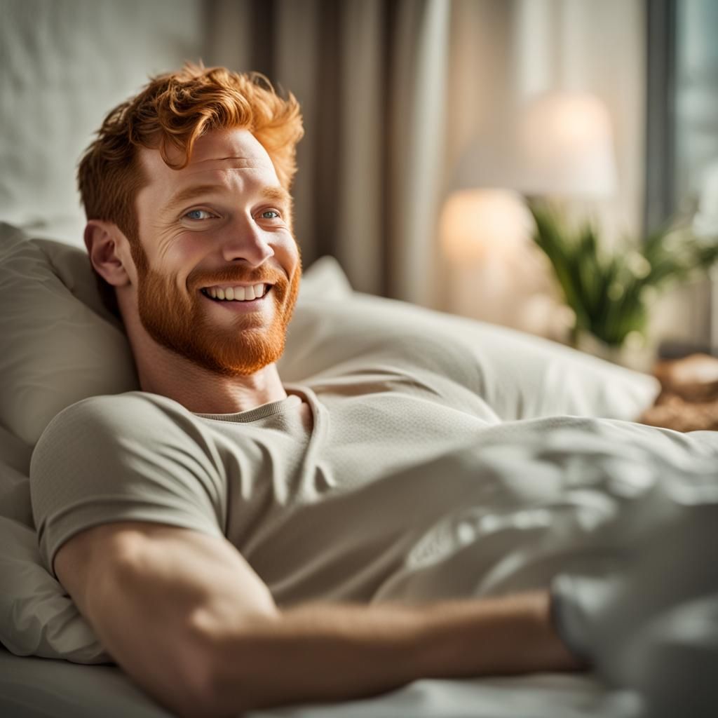 Smiling Ginger Man in Bed: Professional Photography