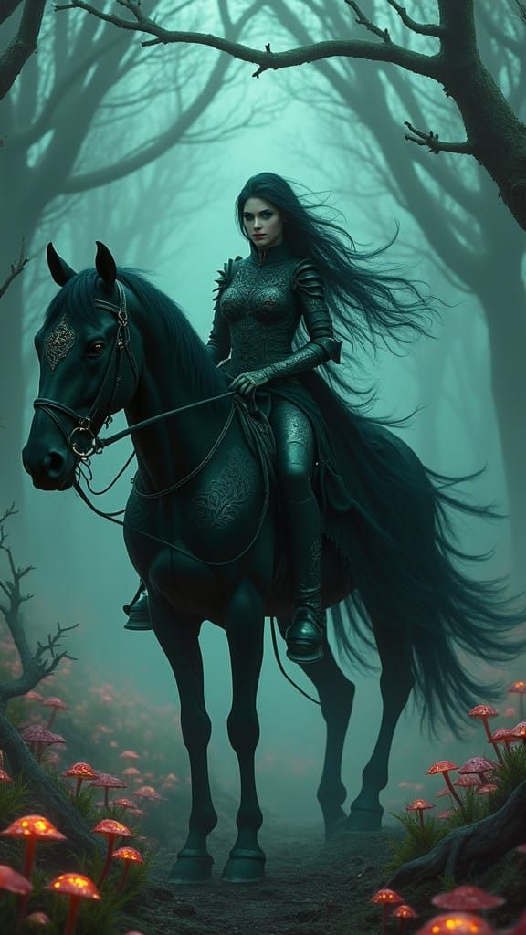 Regal Dark Queen Rides Majestic Black Horse in Mystical Land...